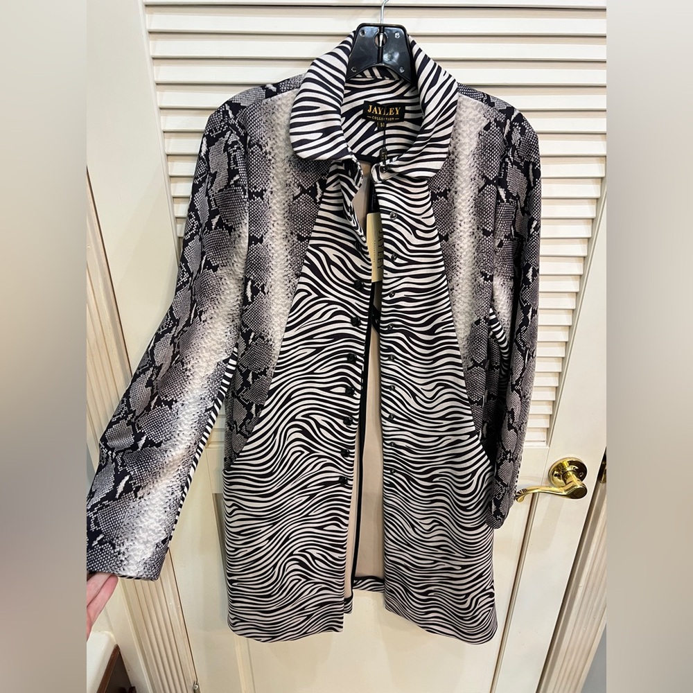 Mixed media Python/zebra print jersey jacket, size 14